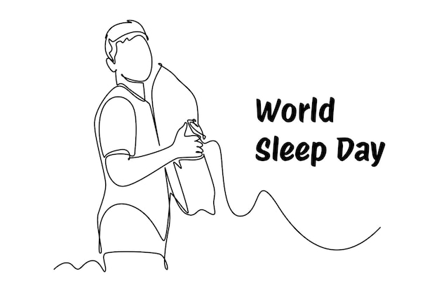 Single continuous line drawing young man in pajamas and with pillows Banner for world sleep day minimalist concept Simple line continuous line