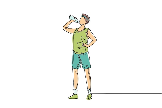 벡터 단일 연속 라인 그림 젊은이가 서서 병 디자인  ⁇ 터에서 신선한 물을 마시고 있습니다