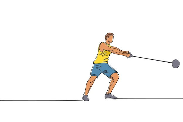 ベクトル 単一の連続線画若い男がコート スタジアム運動ベクトルに投げるスイング ハンマー