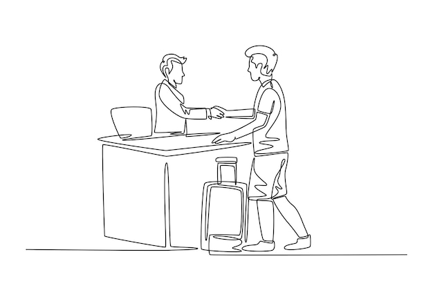 Single continuous line drawing young man tourist handshaking hotel receptionist and ask to book room while holding luggage Travelling concept Dynamic one line draw graphic design vector illustration