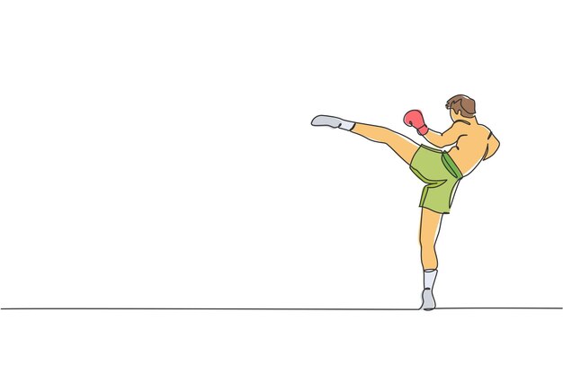 Single continuous line drawing young man training thai boxing at gym club Combative muay thai sport