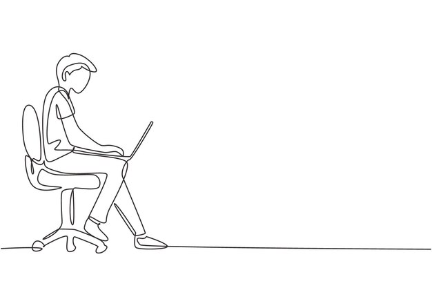 Single continuous line drawing young man with laptop sitting on chair Freelance distance learning