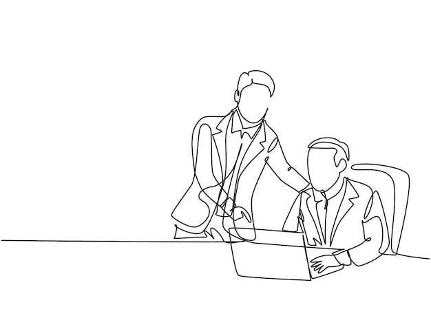 Single continuous line drawing of young manager discussing work plan with his subordinate while