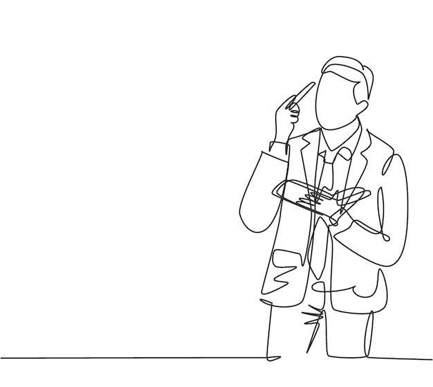 Single continuous line drawing of young manager looking up to the sky and thinking business strategy