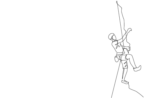 Single continuous line drawing of young muscular rock climber man climbing hanging on mountain grip