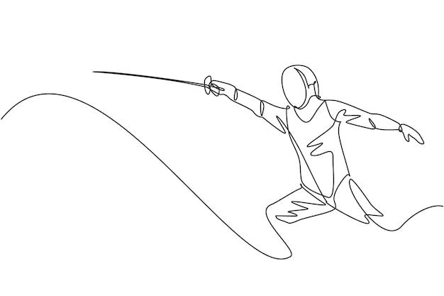 Single continuous line drawing of young pro fencer athlete man in fencing design vector illustration