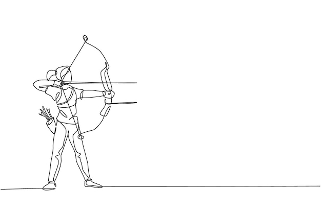 Single continuous line drawing of young professional archer woman focus aiming archery target vector