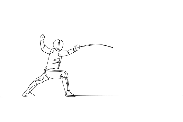Single continuous line drawing of young professional fencer athlete woman in fencing mask and rapier