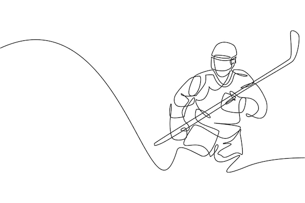 Single continuous line drawing young professional ice hockey player pose stylish on ice rink arena