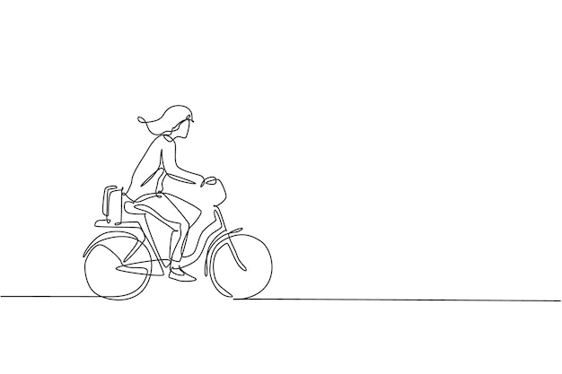 Single continuous line drawing of young professional manager man riding bicycle to office rear view