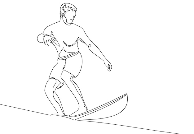 Single continuous line drawing young professional surfer