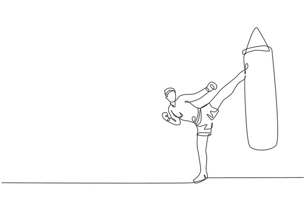 Single continuous line drawing young sportive man kickboxer exercise kicking punch bag in sport hall