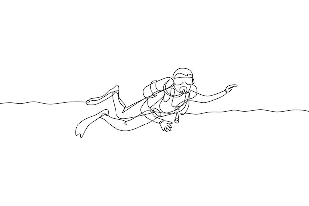 Single continuous line drawing of young sportive man swimming on sea ocean to explore fish and coral reef life Underwater scuba diving sport concept Trendy one line draw design vector illustration