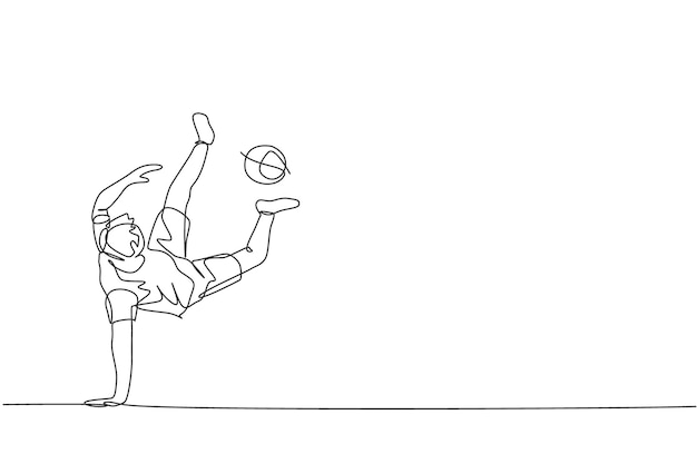 Single continuous line drawing of young sportive man train soccer freestyle juggling on the field