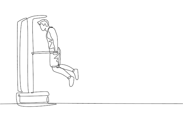 Единая непрерывная линия рисования молодого спортивного человека, тренирующегося с параллельным брусом, поднимающего его тело в центре спортивного тренажерного зала. Концепция фитнес-растяжки Модная векторная иллюстрация рисования одной линии