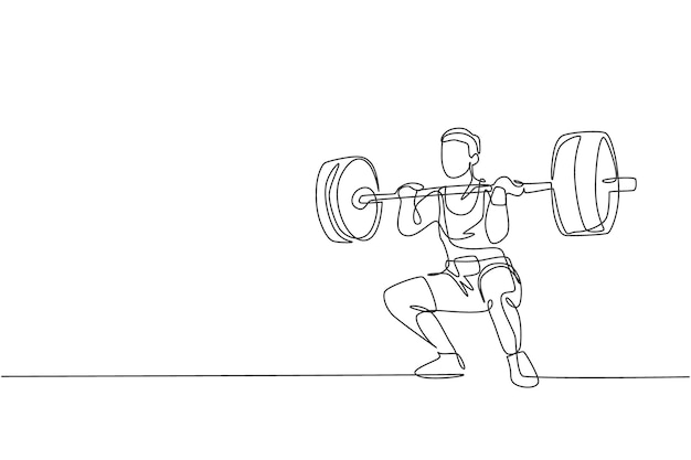 Single continuous line drawing of young weightlifter man preparing for barbell workout in gym vector