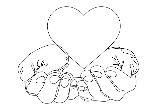 Single continuous line of hands holding heart on a white background.