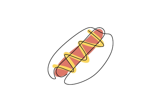 Одна непрерывная линия хот-дога с коричневой колбасой Большой хот-дог с коричневой колбасой в стиле одной линии изолированы на белом фоне
