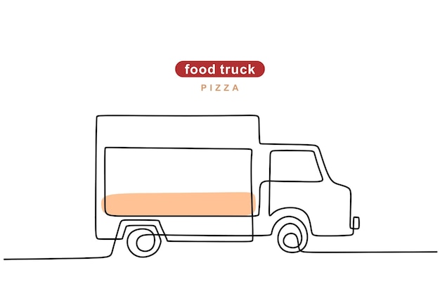 Single continuous line of pizza food truck Pizza truck in one line style isolated on white background