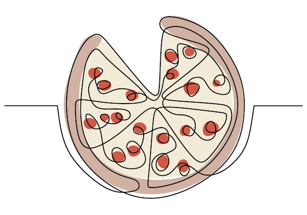 完全な色で白い背景に分離された 1 つの線のスタイルでピザ ピザ ファーストフードの 1 つの連続線