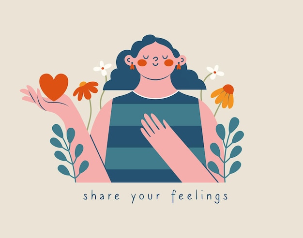 Single cute woman holding heart in hand Cartoon comic girl with flowers plants motivational text