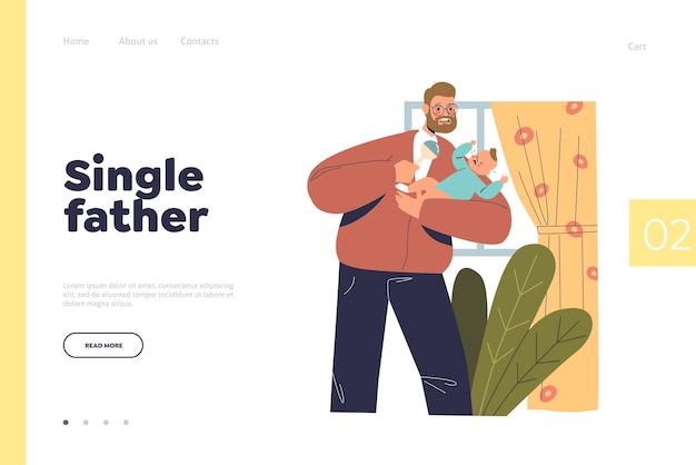 Single dad concept of landing page with father calming crying kid Daddy comforting newborn child