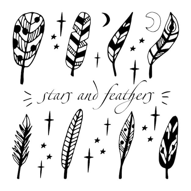 Single doodle vector elements feather Hand drawn symbols writing and stars