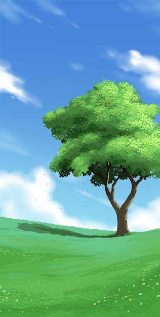 A single evergreen tree among the green grasses under a bright blue sky