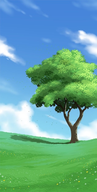 a single evergreen tree among the green grasses under a bright blue sky
