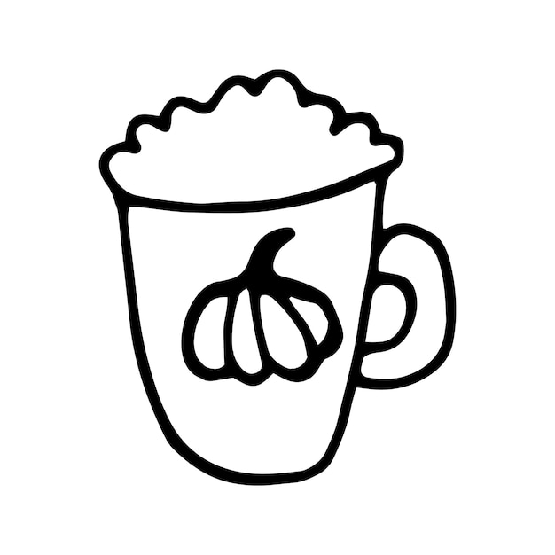 Tazza disegnata a mano singola di caffè alla zucca, cioccolato, cacao o cappuccino. doodle illustrazione vettoriale per l'autunno stagionale, design autunnale.