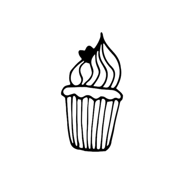 Single hand drawn cupcake, muffin. Doodle vector illustration in cute scandinavian style. Element for greeting cards, posters, stickers and seasonal design. Isolated on white background