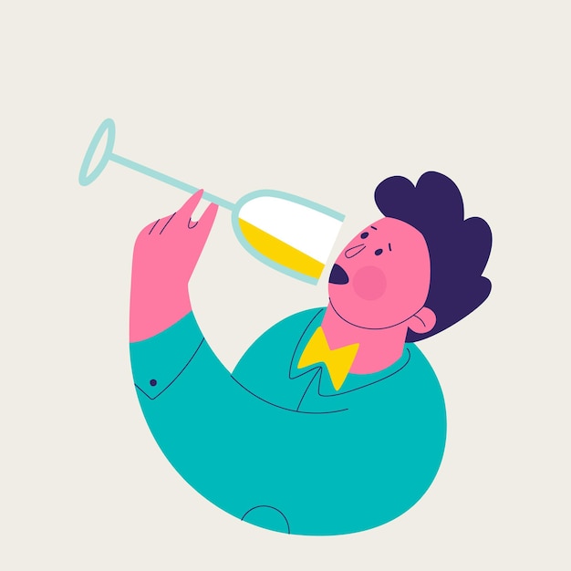 Single illustration from a set of white wine tasting Cute man drinking white wine