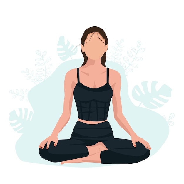 Single illustration of yoga girl woman in lotus position in faceless style