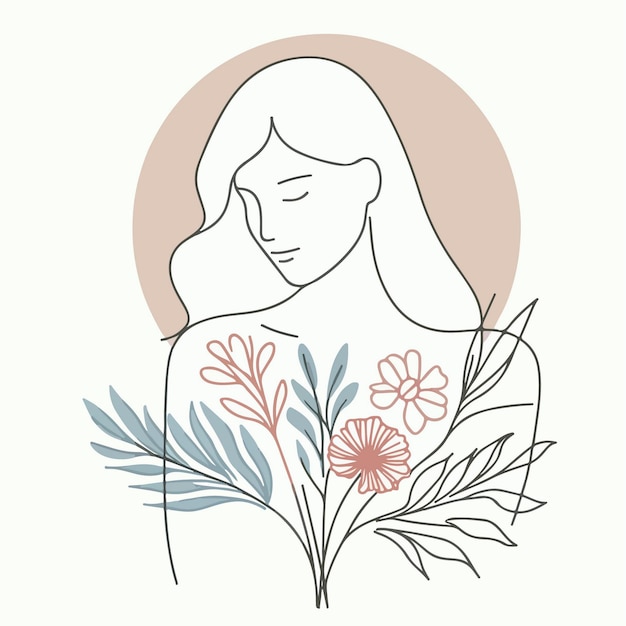 Vector single line art of a beautiful woman with flowers in minimalist style