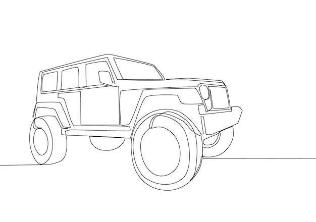 Single line drawing of tough 4x4 speed trail jeep car. Adventure offroad  rally vehicle transportation concept. One continuous line draw design Stock  Vector