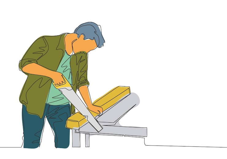 Vector single line draw of handsome craftsman cutting wooden board using handsaw house maintenance service