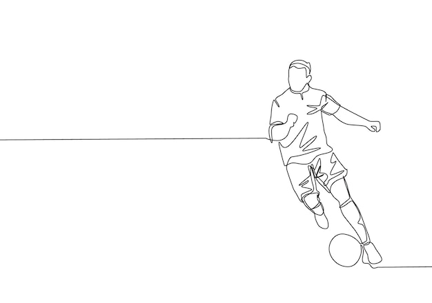 ベクトル 相手エリアにボールをドリブルする才能のあるサッカー ミッドフィールダーの単一線描画