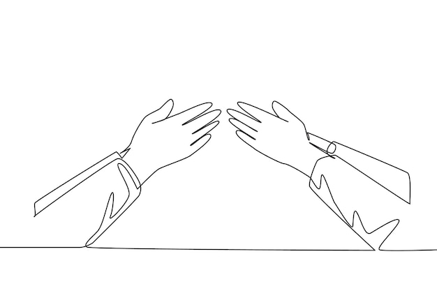 Single line draw of two muslim people handshaking to forgive each other Eid Al Fitr greeting card