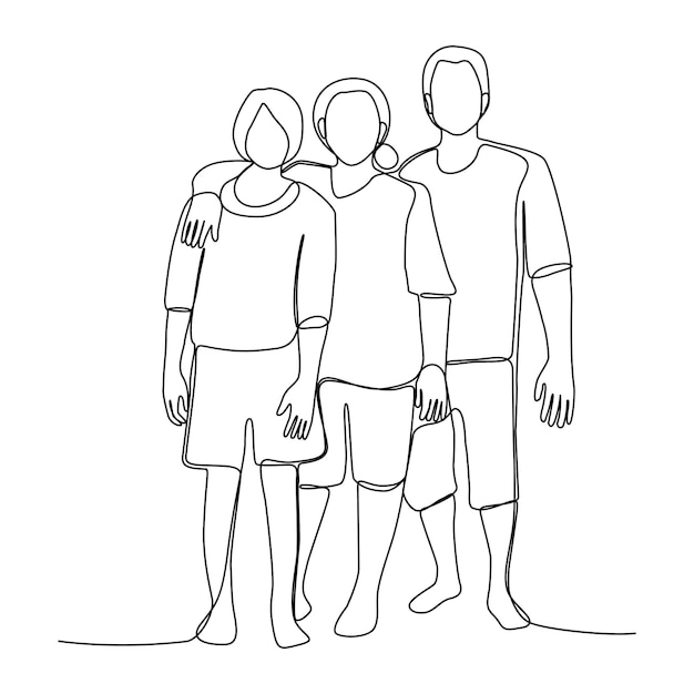 Single line drawing asian family holding their children and husband. One line art happiness togetherness.