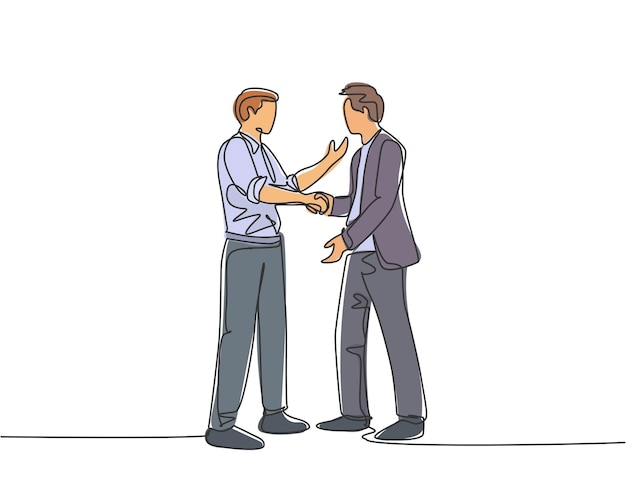 Single line drawing businessmen handshaking his business partner after their project goal teamwork