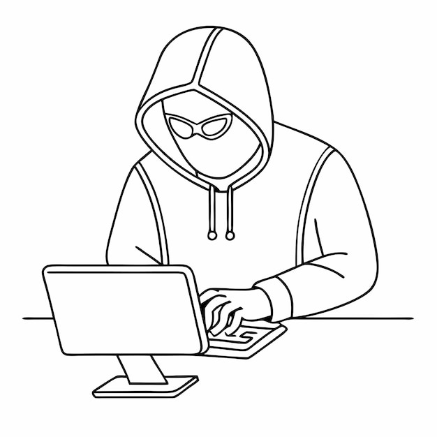 Однолинейный рисунок стереотипа компьютерного хакера в линейной векторной иллюстрации 12
