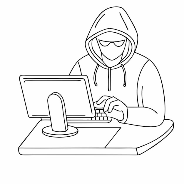 Однолинейный рисунок стереотипа компьютерного хакера в линейной векторной иллюстрации 25