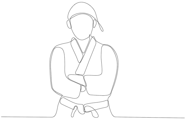 Single line drawing of confident young karateka woman in kimono practicing karate fighting in dojo