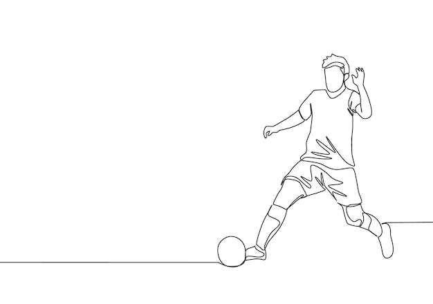 Single line drawing of energetic football player win the ball and dribbling it to the opponent area