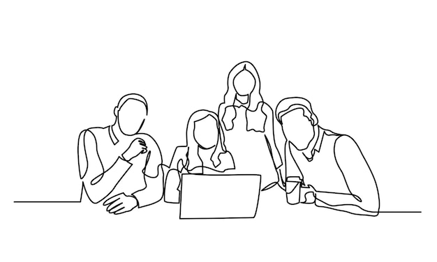 single line drawing of a group of businessmen and women working together in an office room