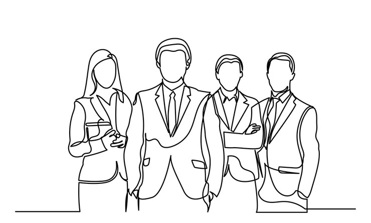 single line drawing of a group of businessmen and women working together in an office room