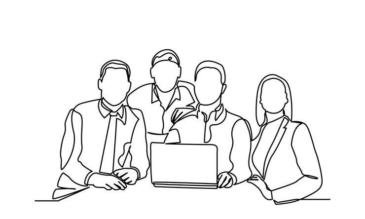 single line drawing of a group of businessmen and women working together in an office room
