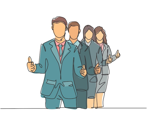 Single line drawing group of line up businessmen standing up together and giving thumbs up gesture