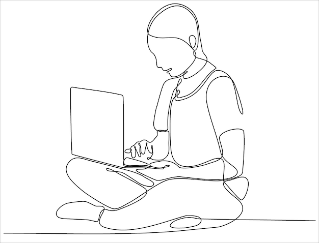 Single line drawing of male businessman typing business ideas concept on laptop while sitting premi