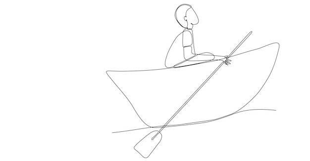 single line drawing man standing in boat, sailing with wooden boat planks